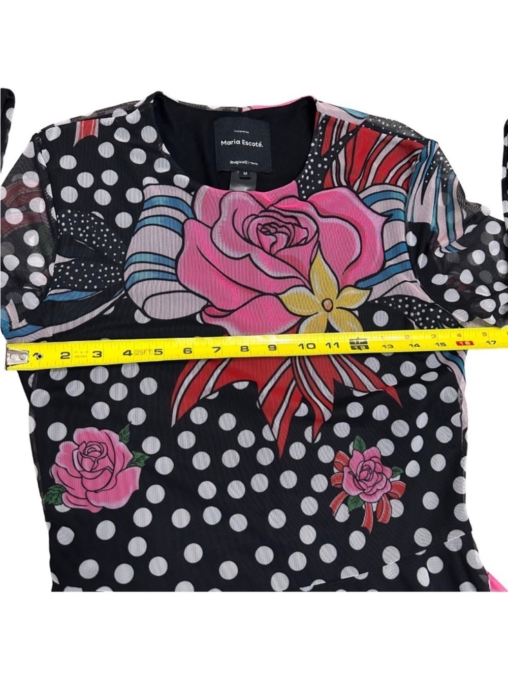 Floral Polka Dot Long-Sleeve Fit & Flare Dress - Black with Pink Accents - Picture 5 of 5